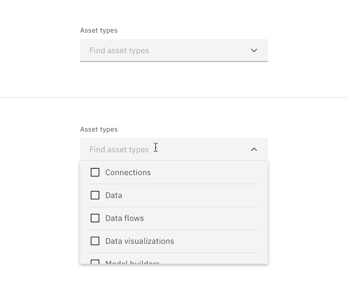 Default filterable dropdown closed and open state.